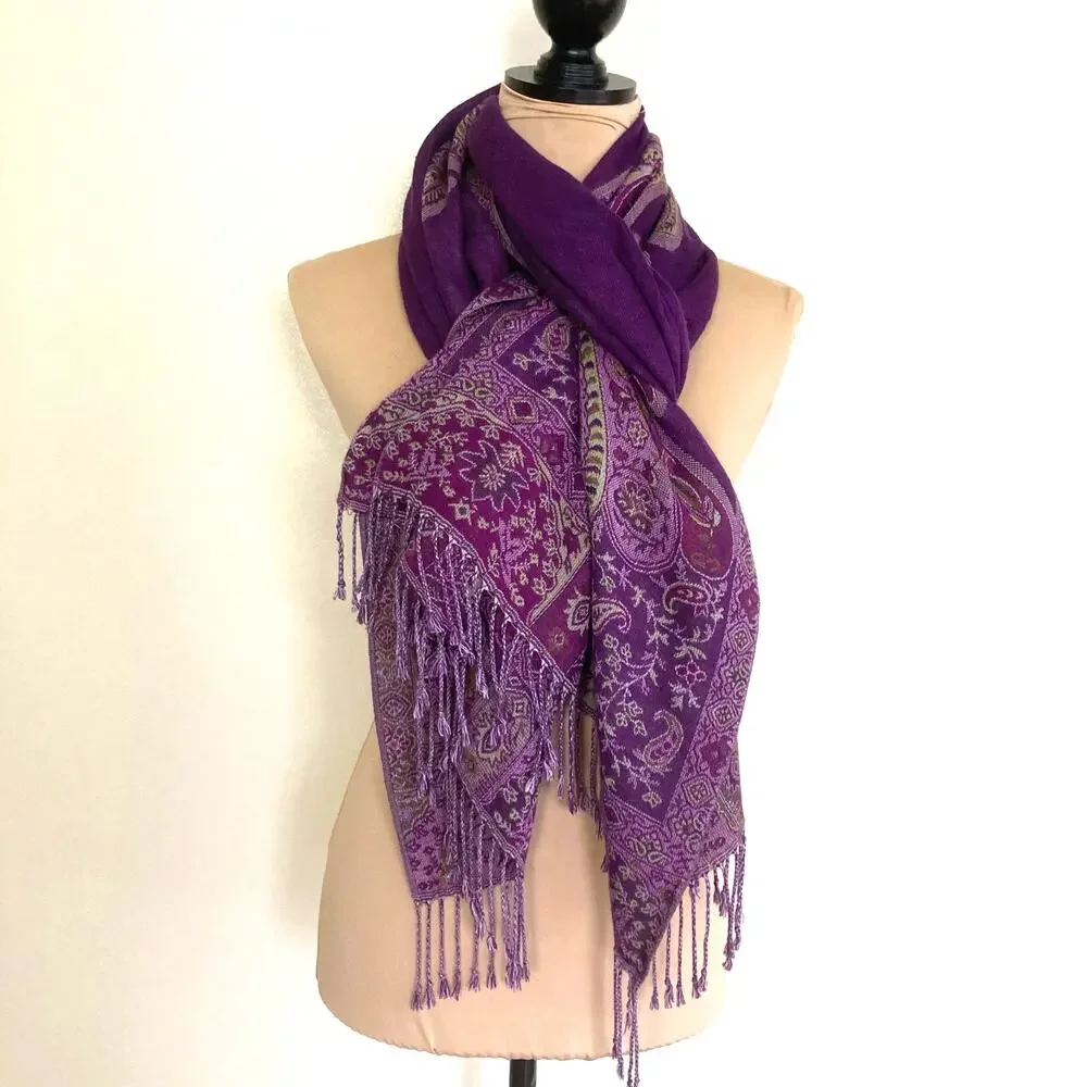 Scarf Wrap Royal Purple Floral Paisley Jacquard Pashmina Style Boho Elegant Boho